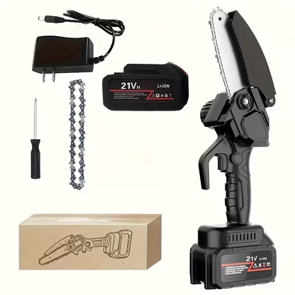 Electric Mini Chainsaw 6-Inch with Debris Guard & Toolbox - Cordless Handheld Pruning Saw with Safety Lock