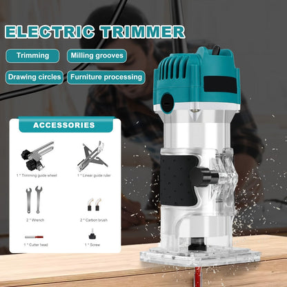 Six-Speed 800W Laminate Trimmer with Clear Base, Shaft Lock and Guide Accessories in Blue Housing