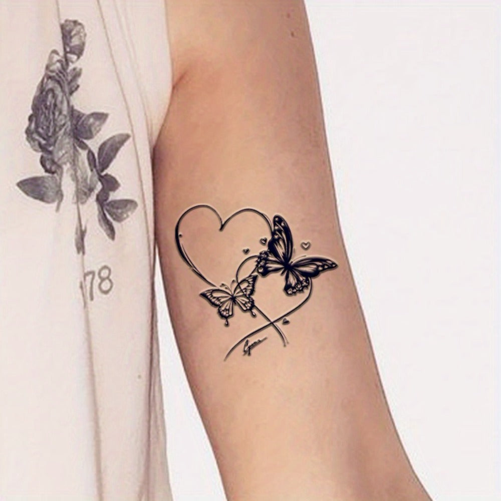 Semi Permanent Tattoo Butterfly with Hearts Navy Blue 3 Sheets, Realistic Juice Tattoo Lasts 1-2 Weeks for Adults