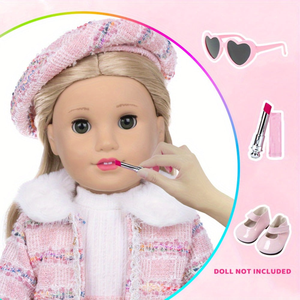 18 Inch Doll Knitted Clothes Outfit Set with Hat Jacket Skirt Shoes Socks Sunglasses Lipstick