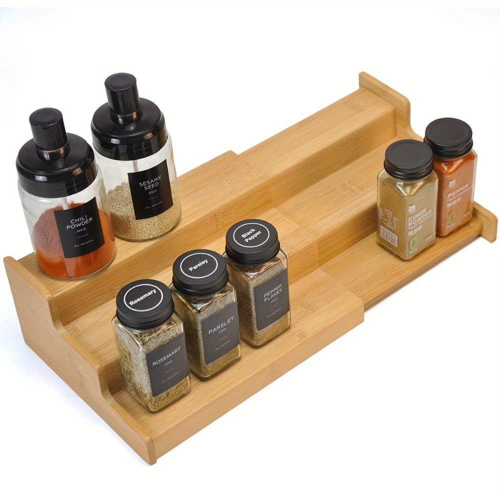 Expandable Bamboo Spice Rack with Three Stepped Tiers, 9.5-15.7-Inch Width and One- or Two-Piece Options