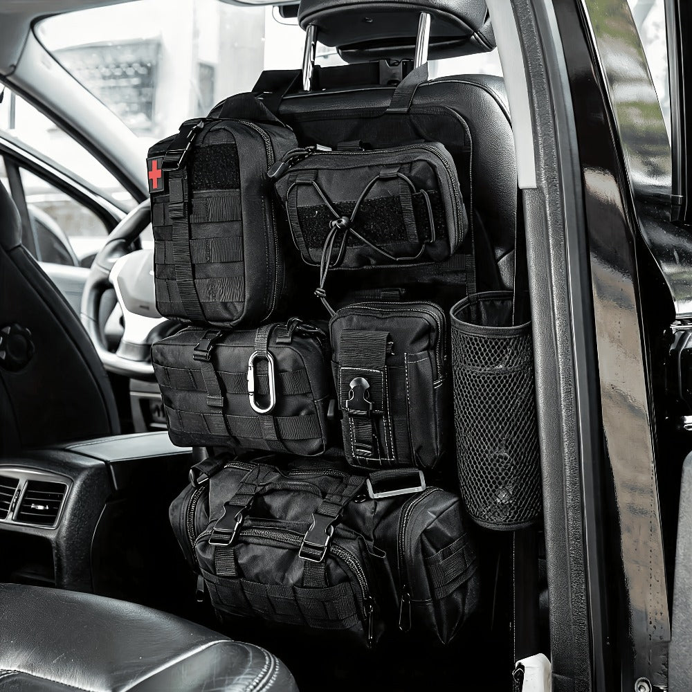 Tactical Car Seat Organizer – MOLLE Nylon Seat Back Storage Bag with 5 Pockets, Front & Rear Seat Protector for Jeep, Truck