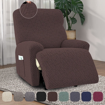 Four-Piece Maze Jacquard Recliner Chair Cover Set with Side Pocket and Nine Solid Color Options