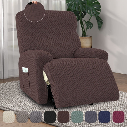 Four-Piece Maze Jacquard Recliner Chair Cover Set with Side Pocket and Nine Solid Color Options