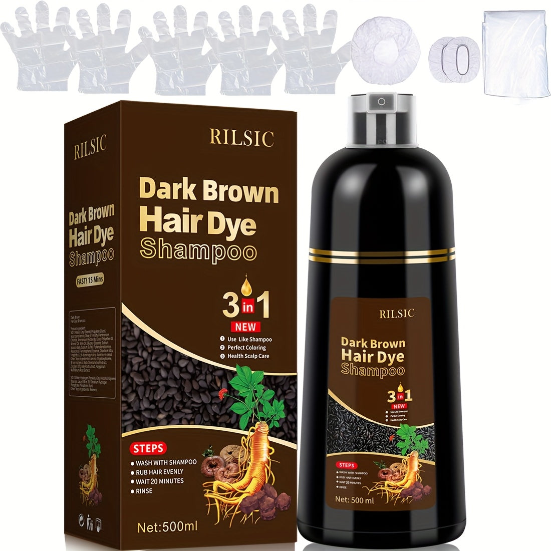 Grey Hair Dye Shampoo 3-in-1 Natural Plant-Based Herbal Formula – Non-Stick Scalp, Covers White Hair in Minutes, 500ml – Black, Dark Brown