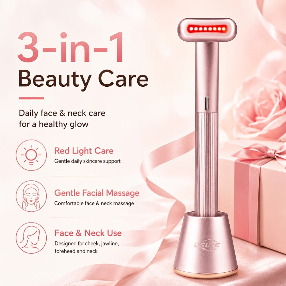 Pink Rechargeable Facial Massage Wand with Red LED Bar, Textured Grip and Charging Base for Face and Neck Use