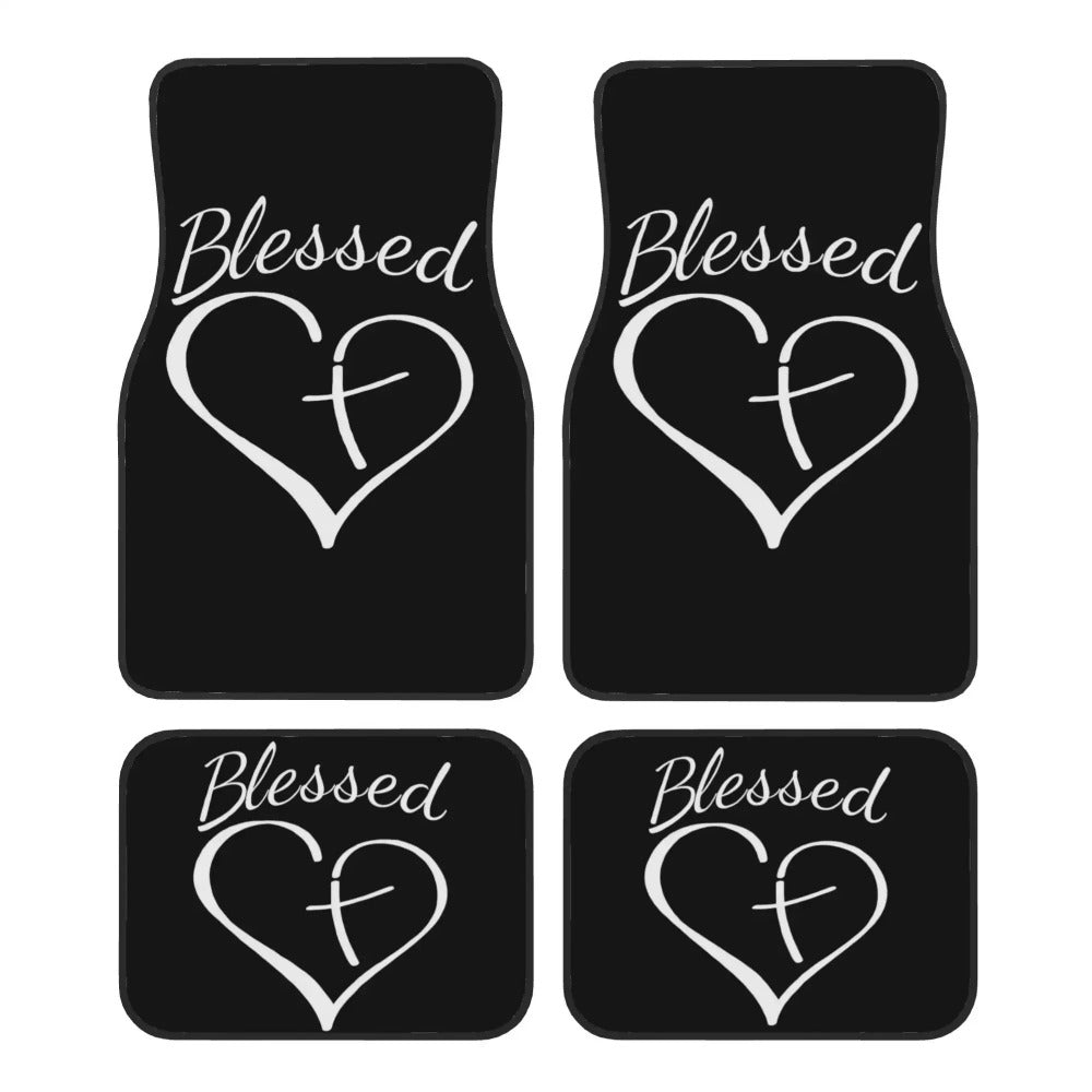 Heart and Cross Car Floor Mats, Four-Piece Black Printed Set with Two Front and Two Rear Mats
