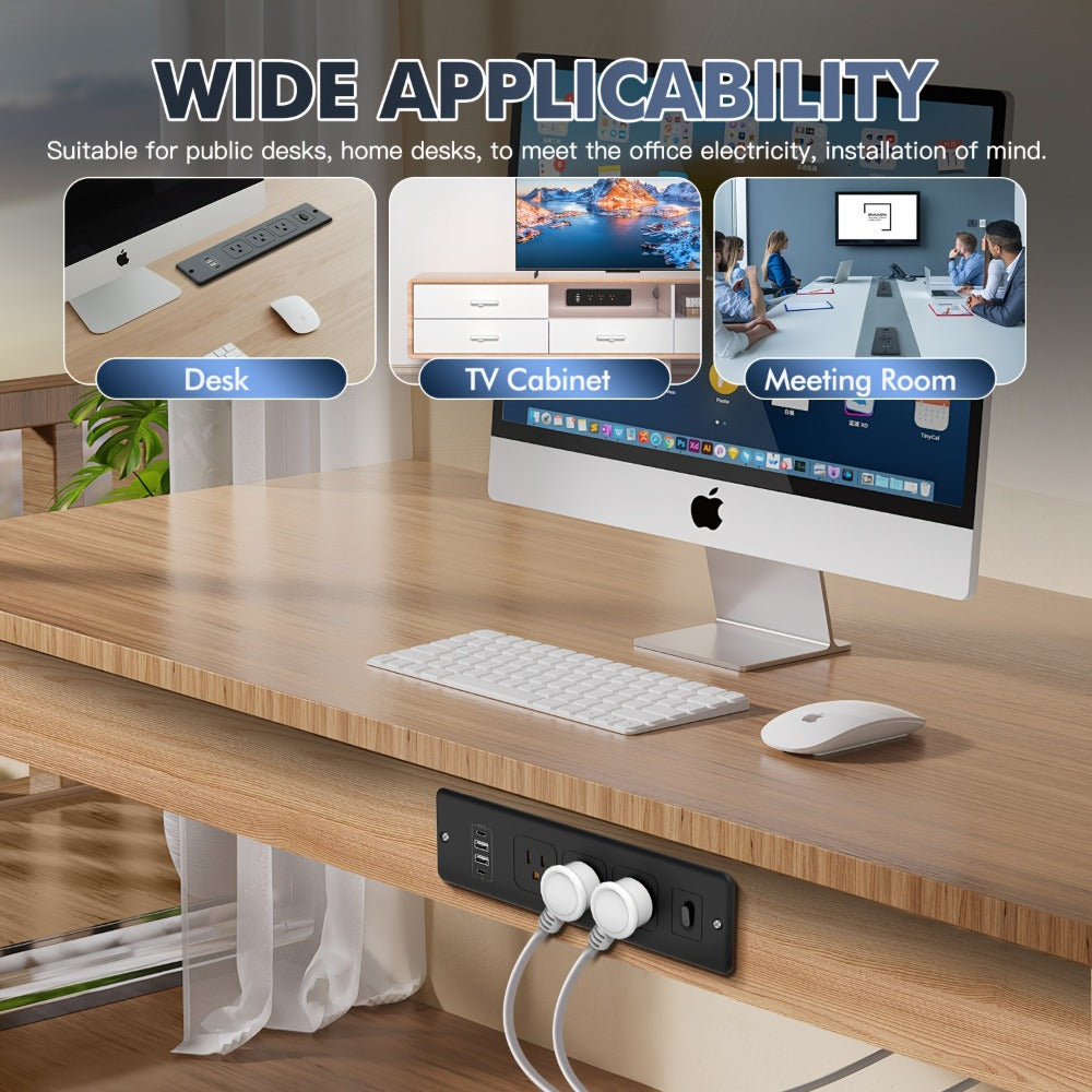Recessed Power Strip In-Desk Embedded Socket 7-in-1, 3 AC Outlets & 4 USB Ports, Slim Space-Saving Design
