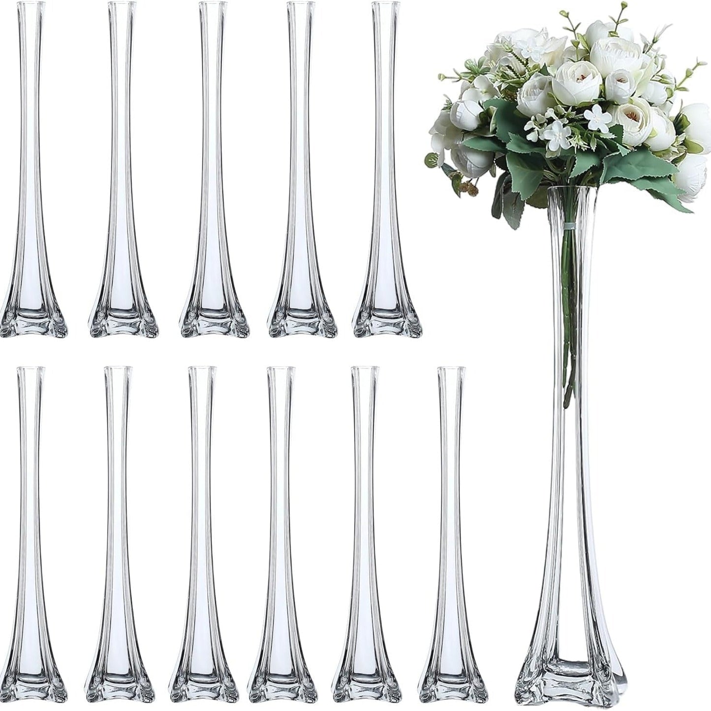 Eiffel Tower Vase Pack of 12 – Tall Glass Flower Vases for Wedding Centerpiece, Event Table Decor, Floral Arrangements & Party Decoration
