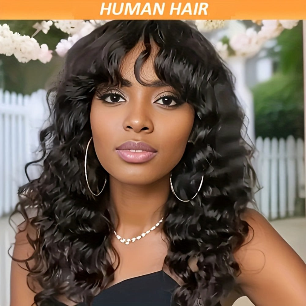 Remy Human Hair Water Wave Wig with Bangs Glueless Full Machine Made Rose Net Cap, for Home, Travel and Salon Hair Styling