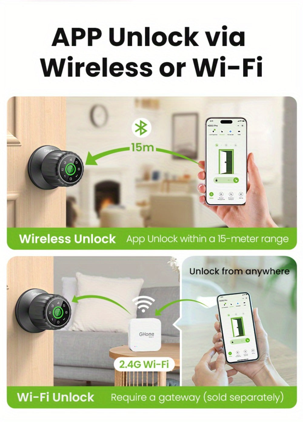GHome KD03 PRO Smart Door Knob 4-in-1 with USB-C Charging & Gateway Remote – Fingerprint, Keypad & App, Anti-Peep, Tamper Alarm