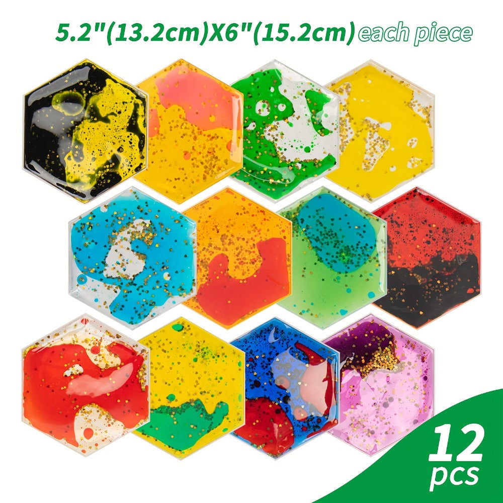 12-Piece Liquid-Filled Flexible Tile Set in Square or Hexagon Shapes for Wall or Floor Display