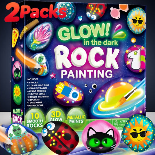 Glow Rock Painting Craft Kit with 10 Rocks, Paints, Brushes, Gems and Stickers in One- or Two-Pack Options