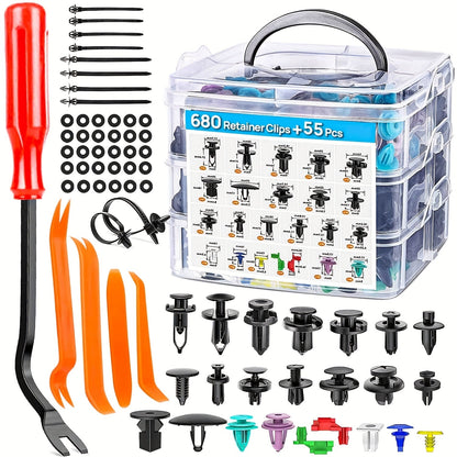 Car Body Clips Fasteners Assortment Kit 735/740pcs – 23 Sizes Nylon Bumper Fender Rivets with Zip Ties & Fastener Remover Tool