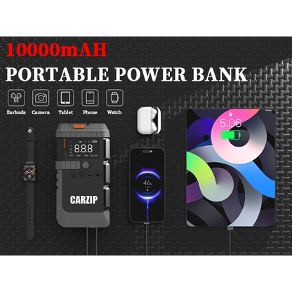 Jump Starter Power Bank 10000A 4-in-1 with 150 PSI Air Compressor LED Emergency Light USB Charging for Garden, Patio and Yard Use