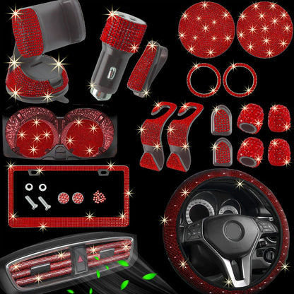Bling Car Accessories Set 27pcs – Glitter Steering Wheel Cover 15 Inch, Bling License Plate Frame, Phone Holder & Car Coasters for Women