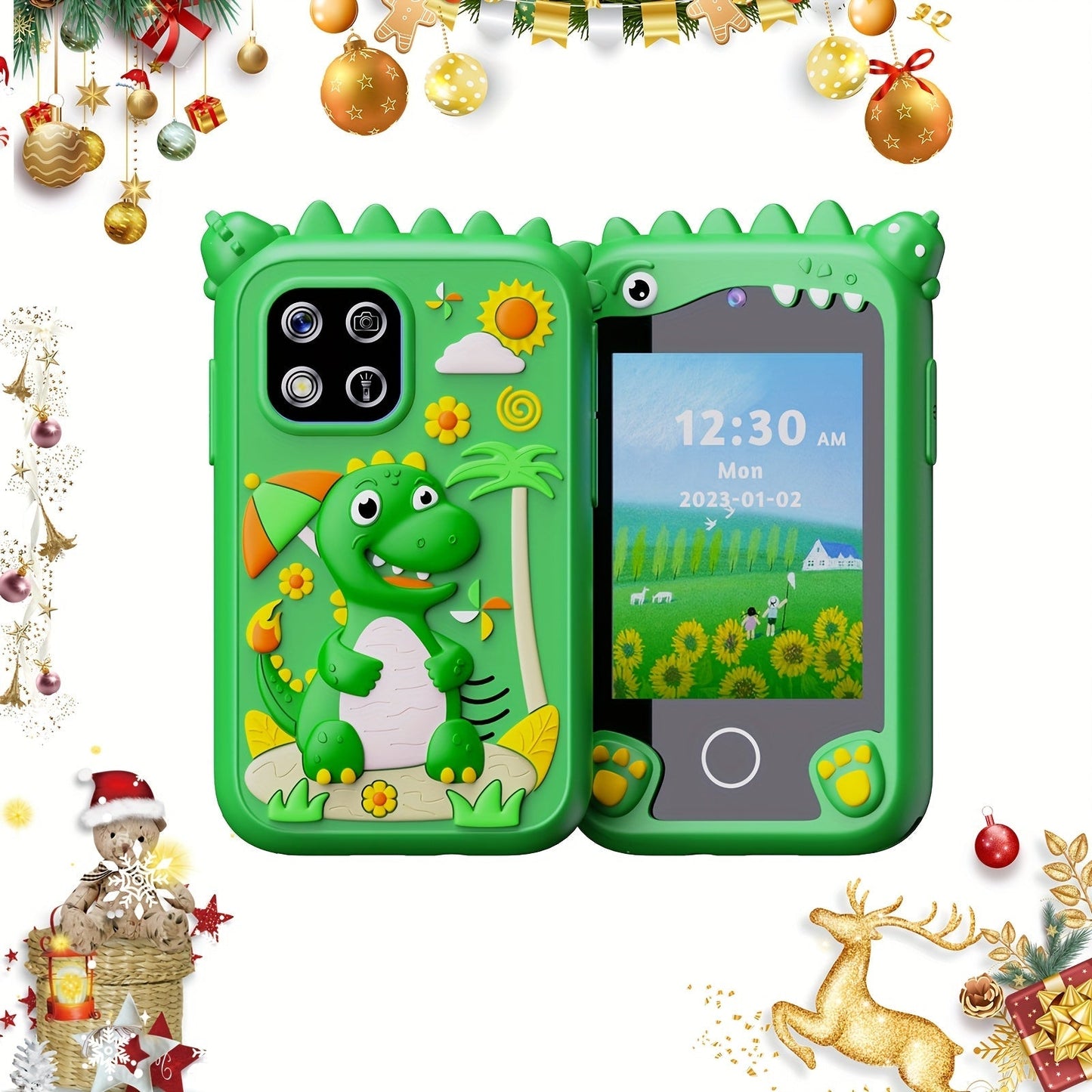 Dinosaur Toy Phone in Green or Purple with Dual Cameras, Touchscreen Interface and 8GB SD Card Label