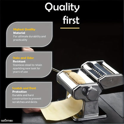 Pasta Machine with 8 Adjustable Thickness Settings, 2-in-1 Stainless Steel Manual Pasta Maker with Roller & Cutter