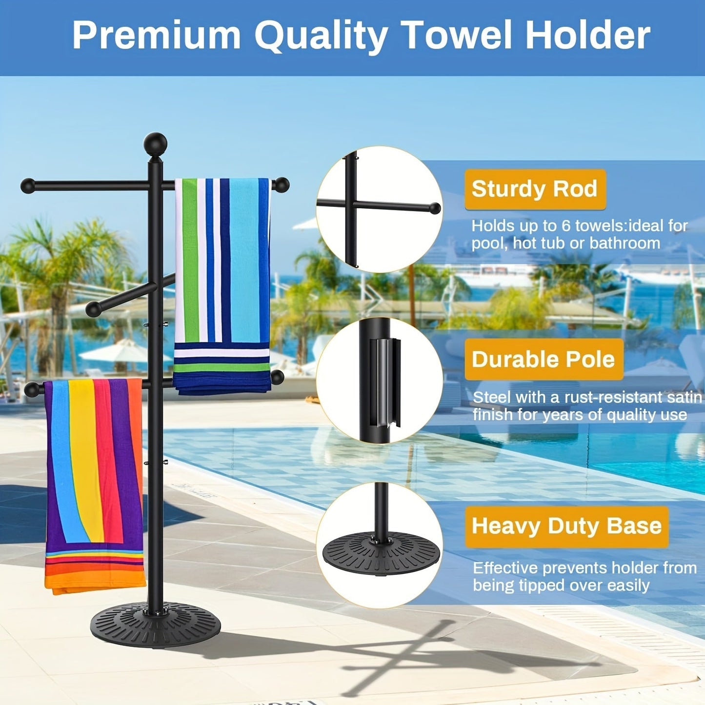 Pool Towel Rack Freestanding Outdoor – 3-Bar Iron Towel Stand with Hooks, Windproof Wide Base, No Sand Needed