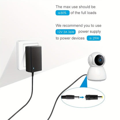 Fixed 12V 3A AC/DC Power Adapter with 36W Label, US Plug and Ten Interchangeable Connector Tips