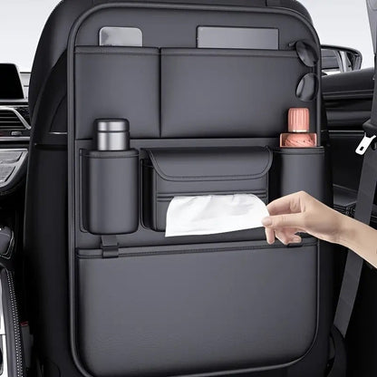 Faux Leather Car Seat Back Organizer with Foldable Tray and Tablet Stand in Black, Gray or Brown, One- or Two-Piece Packs