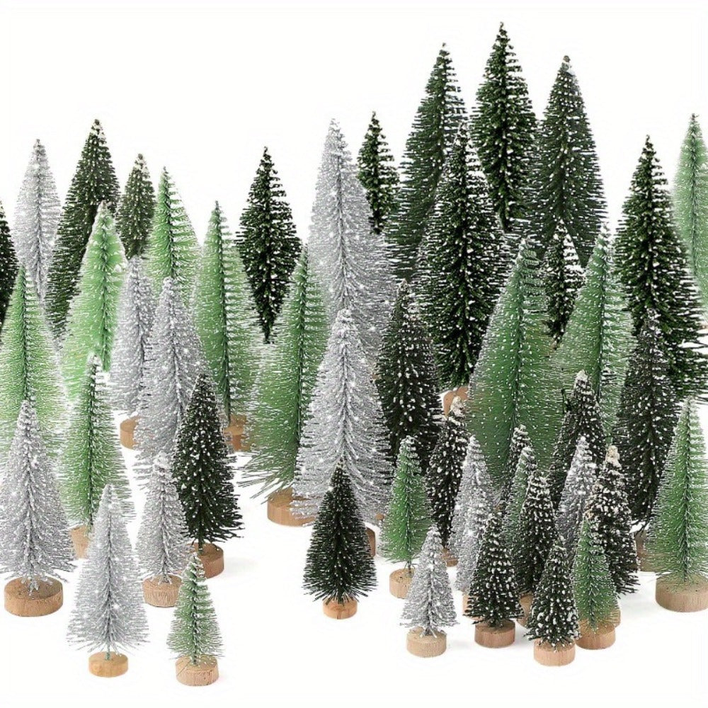 Mini Artificial Christmas Trees Set of 15, Bottle Brush Tabletop Trees with Wooden Base & Snowflake Sprinkles