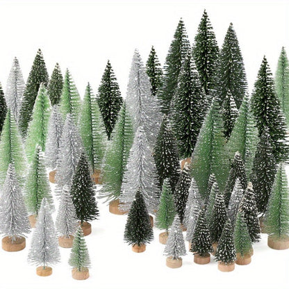 Mini Artificial Christmas Trees Set of 15, Bottle Brush Tabletop Trees with Wooden Base & Snowflake Sprinkles