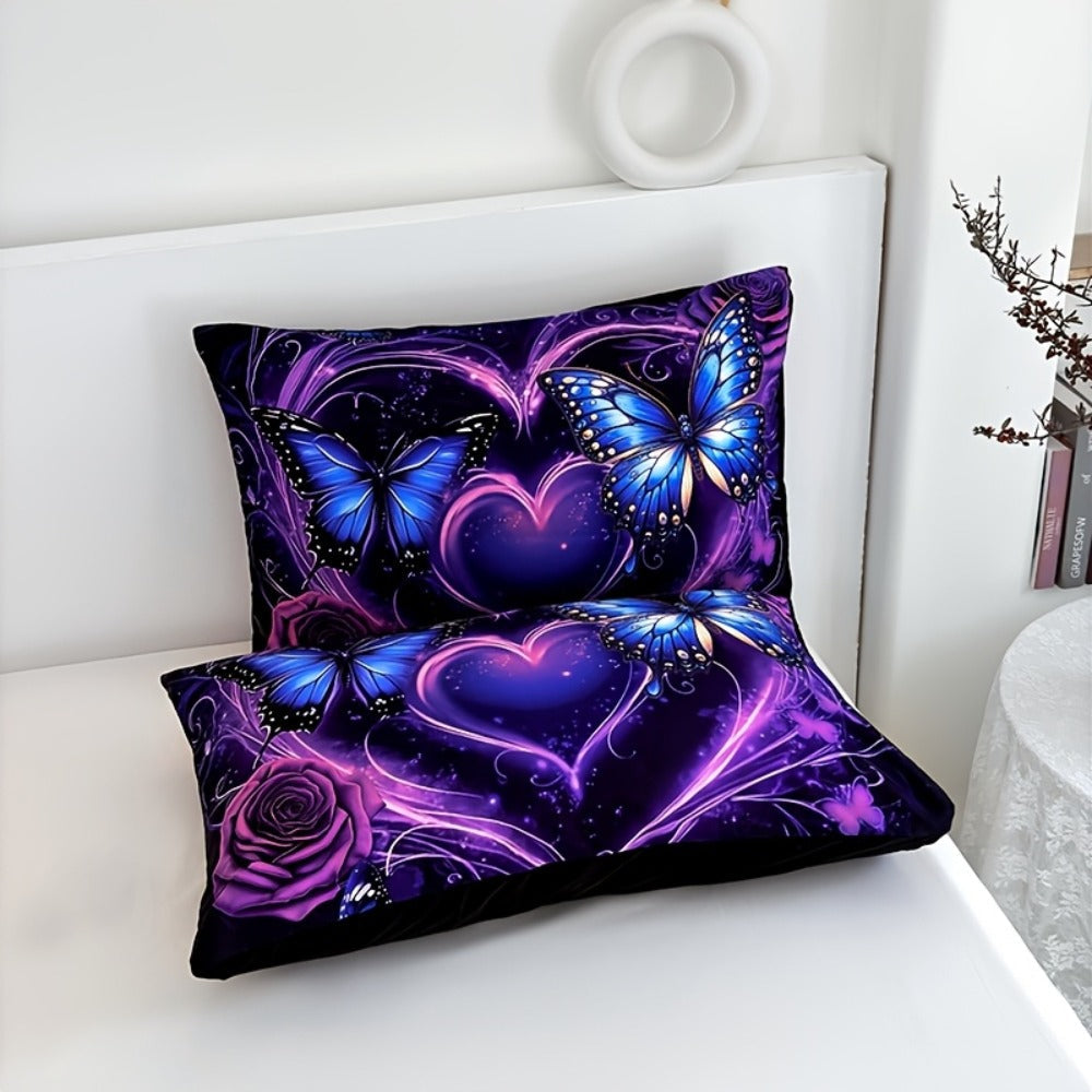 3-Piece Duvet Cover Set with Purple Butterfly, Rose and Heart Print, Zipper Closure and Four Sizes