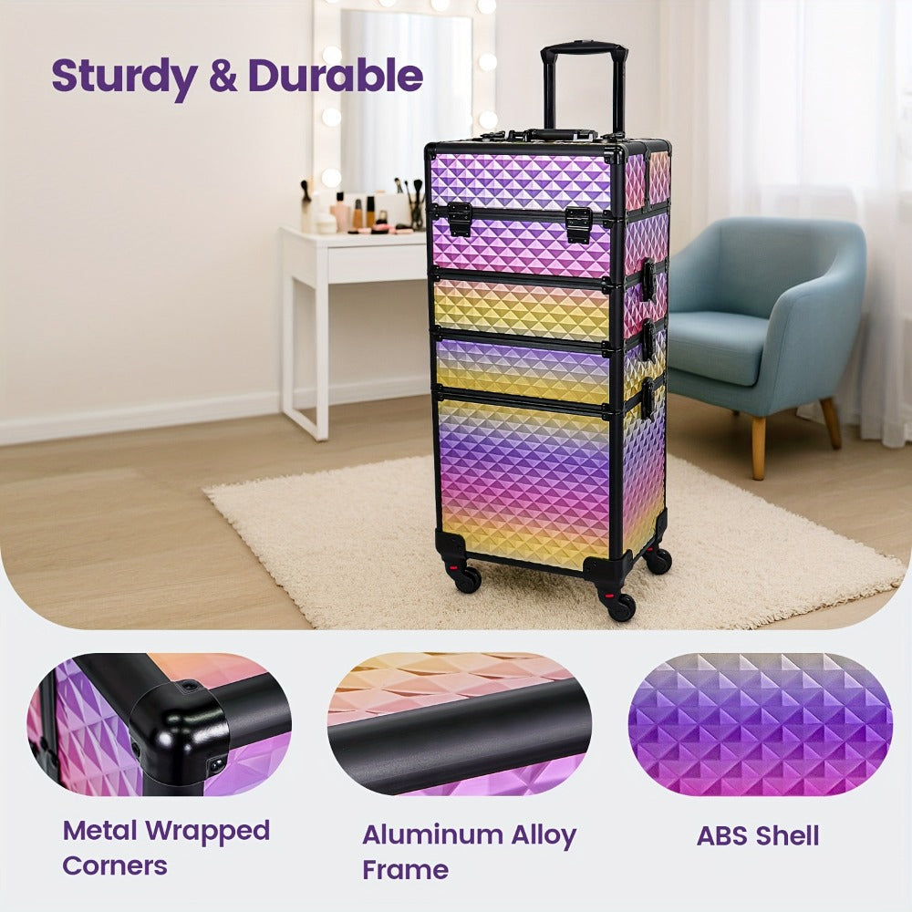 Rolling Makeup Train Case 4-in-1 Large Portable Cosmetic Trolley with 360 Degree Swivel Wheels Beauty Sponge Included Professional Salon