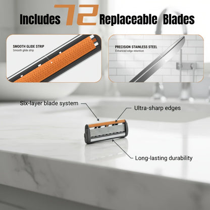 Luxury Men's Razor Set 6-Layer Blades – 2 Ergonomic Anti-Slip Handles & 72 Replaceable Blades, Precision Manual Shaving Kit