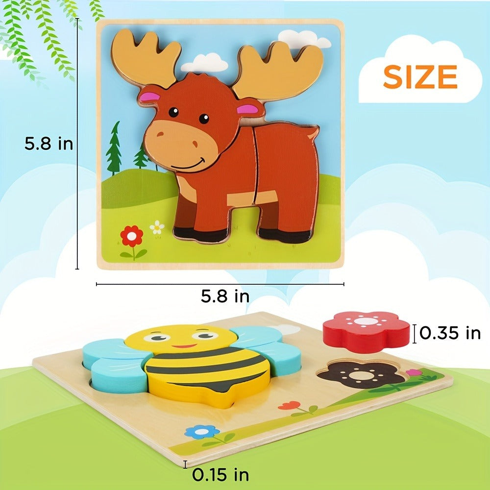 Baby Animal Wooden Puzzles for Toddlers 8 Pack, Infant Learning Toy 12 Months+, Bear Bunny Owl Frog Bee Duck Moose Raccoon