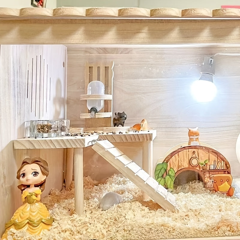 Hamster Climbing Toy – Two-Tier Wooden Platform with Stairs & Hiding Spot, Small Animal Cage Accessory for Golden Hamster, Gerbil, Mouse