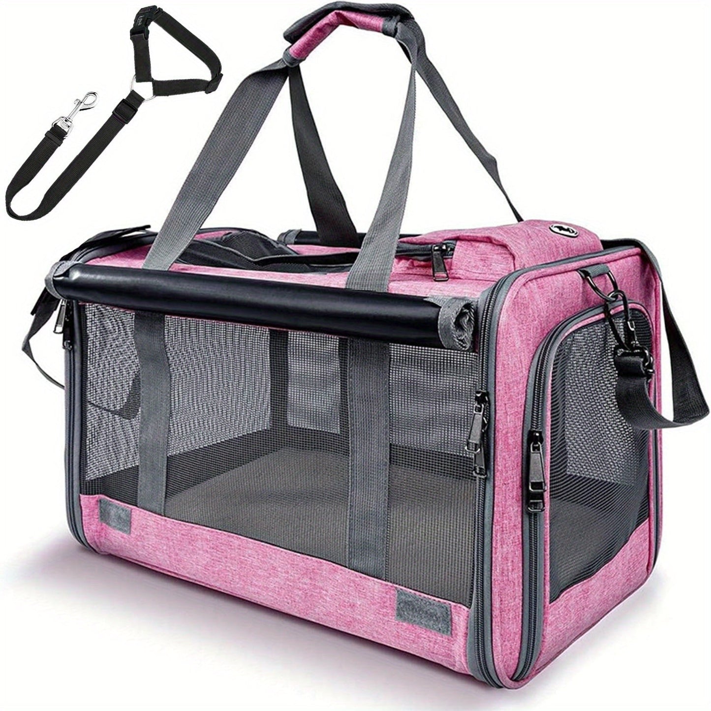 Foldable Pet Carrier Tote with Wide Mesh Panels, Zippered Access, Top Handles and Detachable Shoulder Strap