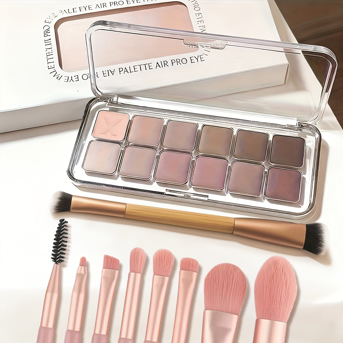 Eyeshadow Palette 12-Shade Neutral Pink and Brown Compact with Clear Lid and Brush Accessory