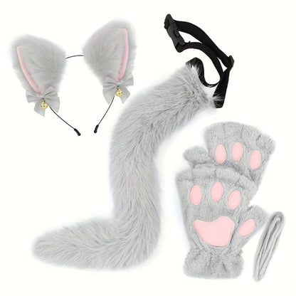 Cat Costume Set 3 Piece, Bell Ear Headband, Plush Paw Gloves & Adjustable Tail for Halloween, Cosplay