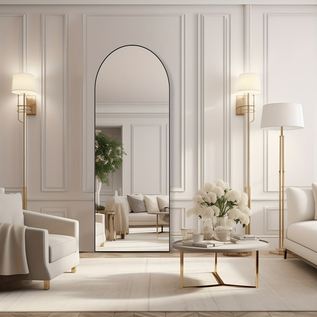 Full-Length Floor Mirror in 59 × 16 or 64 × 21 Inch Arched and Rectangular Black or Gold Frame Options