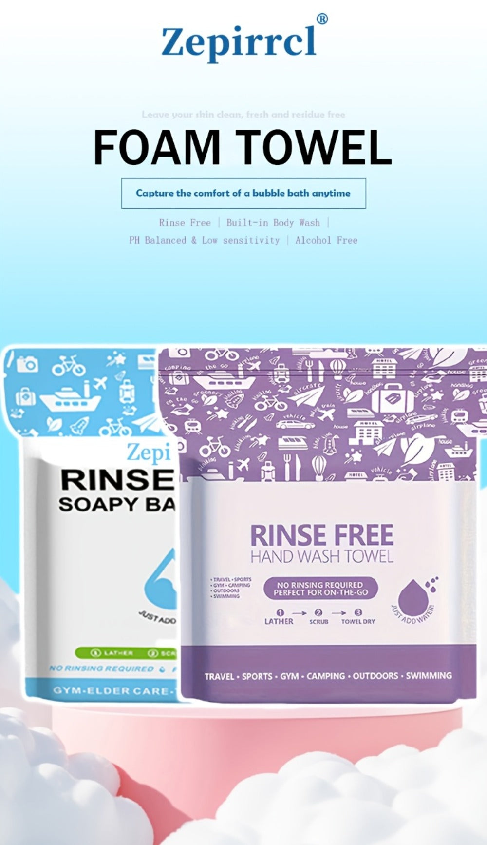 Disposable No-Rinse Foaming Bath Towels – Large 11.81" Body Wipes, Wet & Wipe Cleansing Cloths for Elderly Care, Camping, Post-Surgery