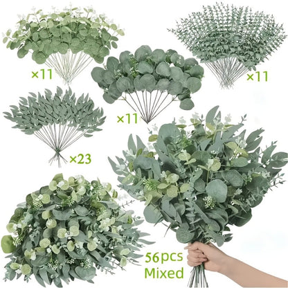 Artificial Flowers Eucalyptus Stem Set in 50 or 56 Pieces with Four Leaf Varieties and White Accents