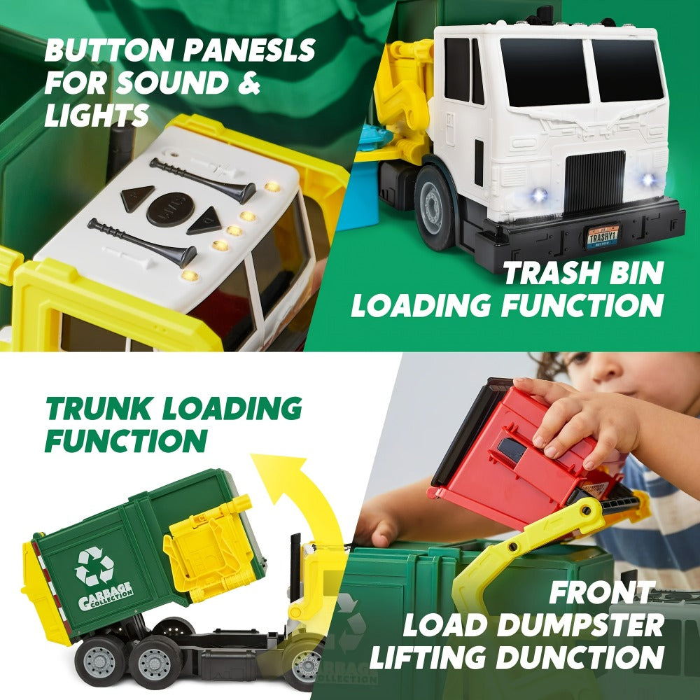 Garbage Truck Toy Set 16-Inch Large Friction-Powered with Lights & Sounds, Color-Coded Trash Bins