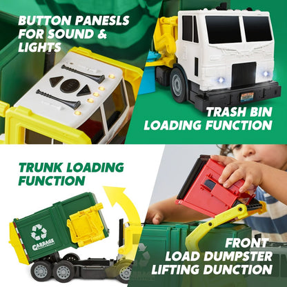 Garbage Truck Toy Set 16-Inch Large Friction-Powered with Lights & Sounds, Color-Coded Trash Bins