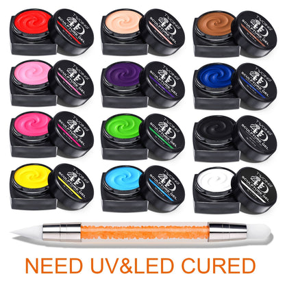 Nail Sculpting Gel Kit 3D 4D 12 Colors with Carving Pen – Firm Non-Sticky Soak-Off Sculpture Gel for Flowers, Leaves