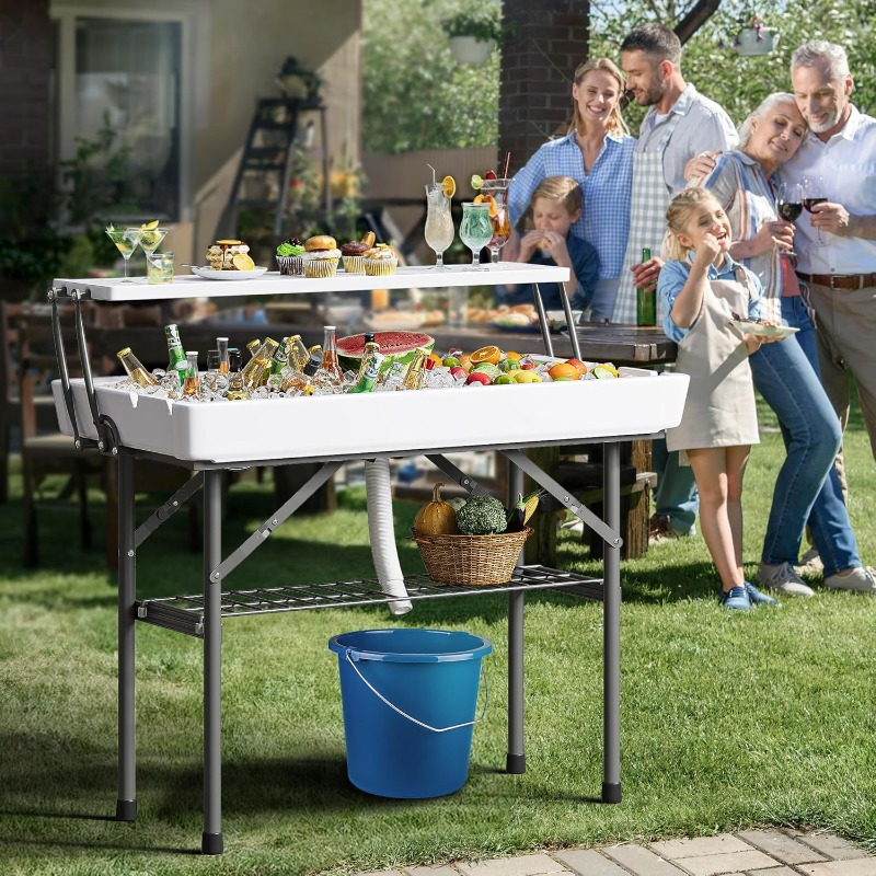 2-Tier Ice Table 40.5" Folding Bar Cooler with Drain, Skirt & Metal Shelf, Double-Layer Outdoor Beverage Station for Parties