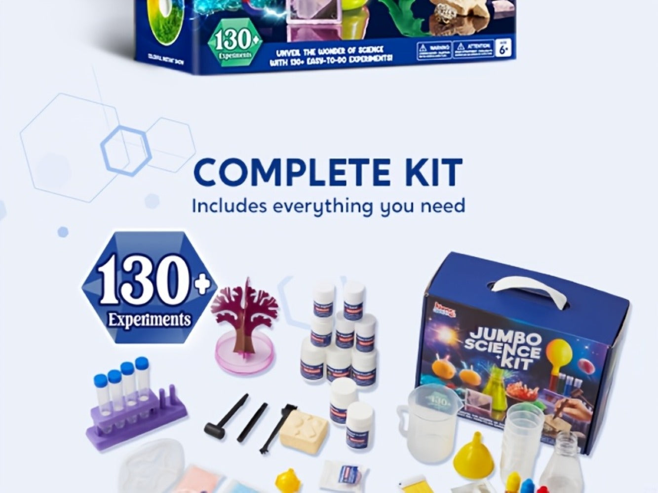 Jumbo Science Kit for Kids 130+ Experiments, STEM Chemistry Set with Crystal Growing Glowing Bulb Fossil Dig Soap Making