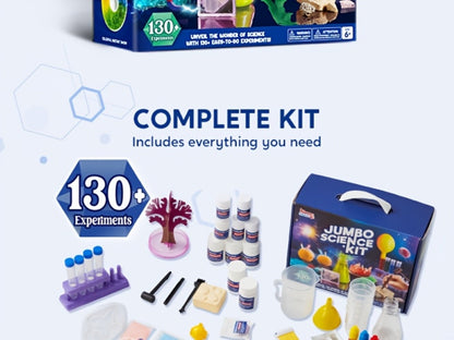 Jumbo Science Kit for Kids 130+ Experiments, STEM Chemistry Set with Crystal Growing Glowing Bulb Fossil Dig Soap Making