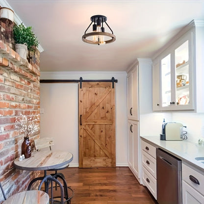 Farmhouse Semi Flush Ceiling Light 3-Bulb Wood & Metal - Rustic Industrial Ceiling Lamp for Home Cooking, Dining and Outdoor Meals
