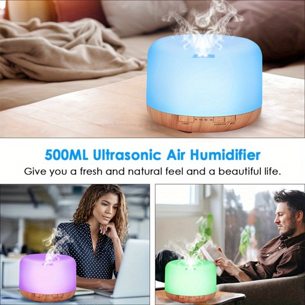 Large Room Essential Oil Diffuser 16.91oz, Timer, 7 Ambient LED Lights, No Water Auto-Off, Wood Grain Design for Home & Office