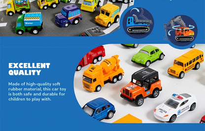 25PCS Pull Back Cars & Trucks Toy Vehicle Set for Kids, Fire Truck, Police Car, School Bus & More