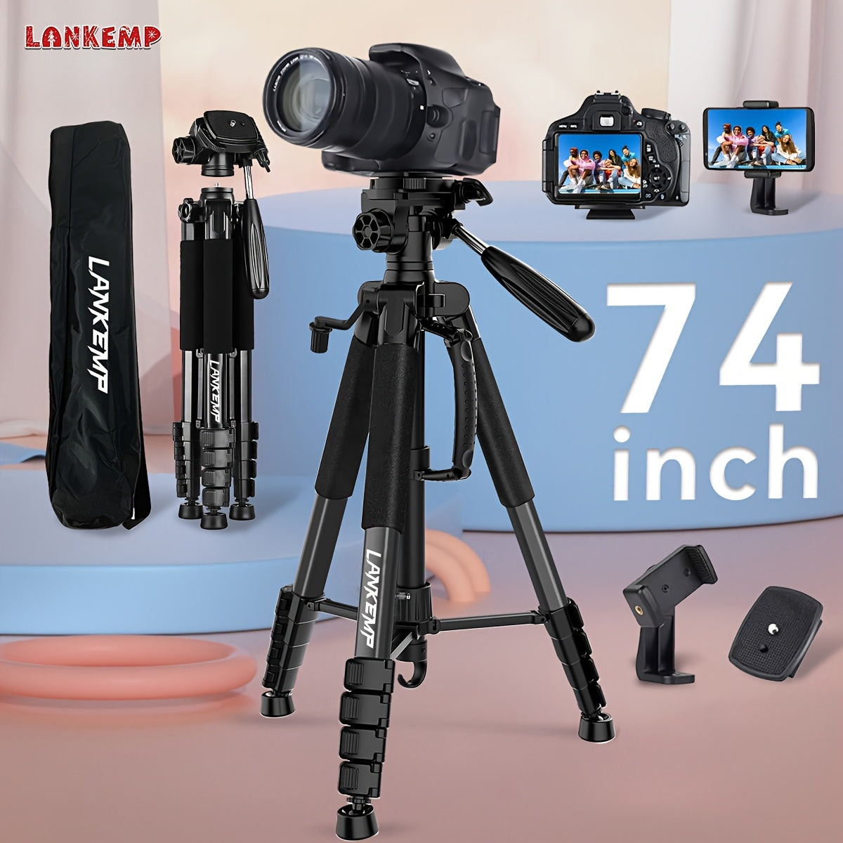 74-Inch Aluminum Camera Tripod in Black with Three-Way Pan Head, Two Quick-Release Plates, Phone Clip and Carry Bag