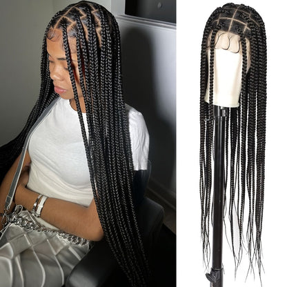 Extra-Long Natural Black Braided Wig with Full Lace Cap and 40-Inch Straight Box Braids for Styling