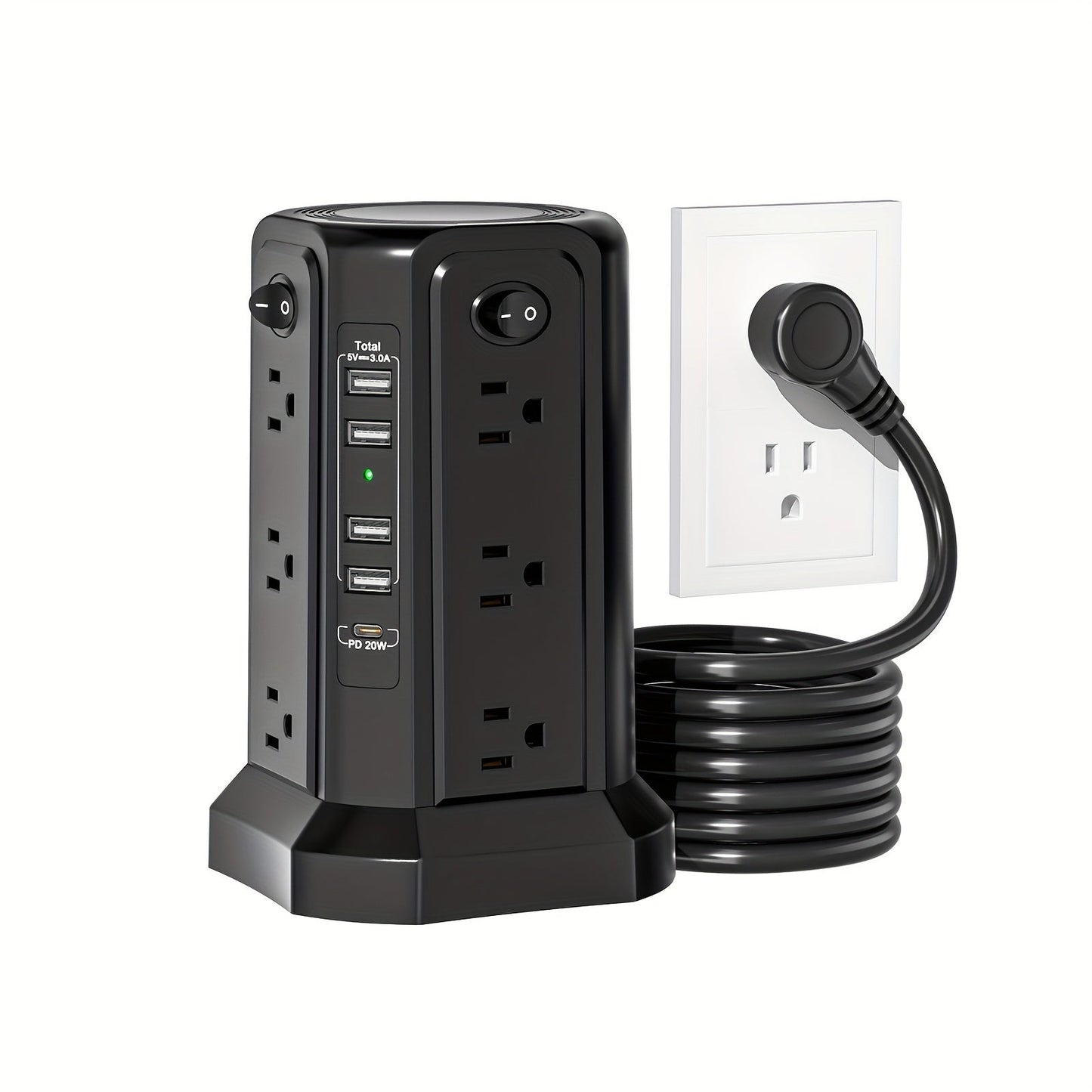 PD18W USB-C Power Strip Tower 21-in-1, 16 AC Outlets & 5 USB Ports, 1500J Surge Protector, Angled Flat Plug